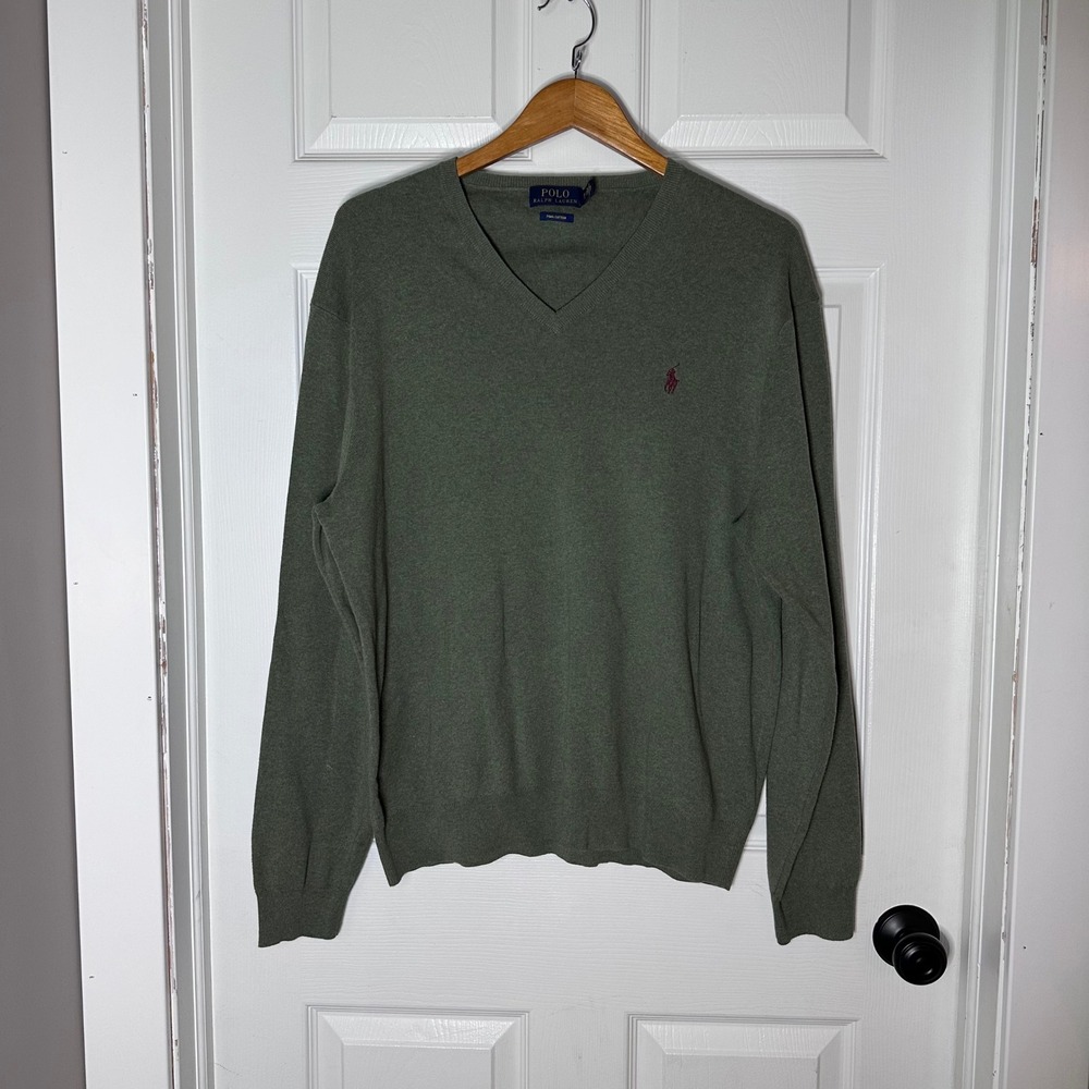 Polo Ralph Lauren Mens V Neck Sweater Green Pima Cotton Size‎ XL TG